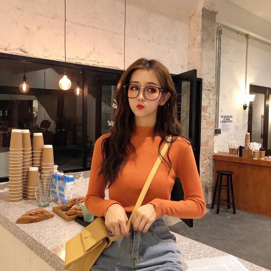 Women's 2023 Autumn/Winter Long Sleeved Underlay Slim Half High Collar Pullover Knitwear