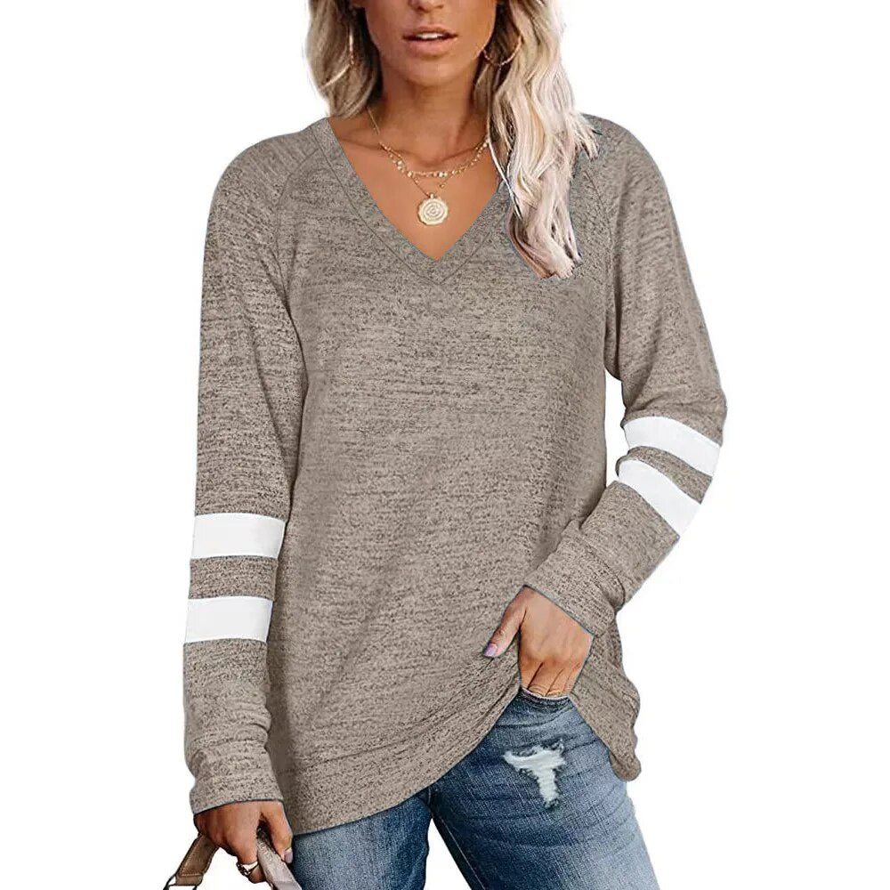 Women's 2023 Long Sleeve Contrast Panels V-neck Loose Casual T-shirt Top