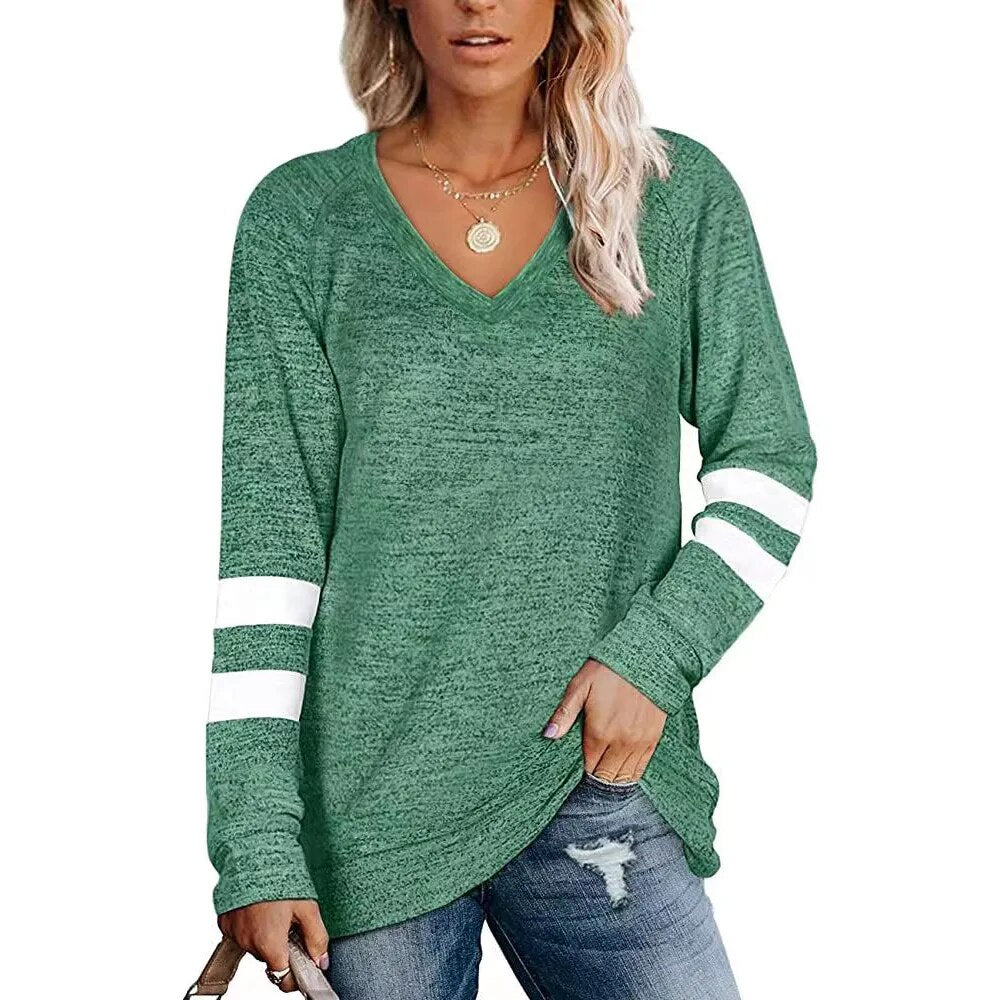 Women's 2023 Long Sleeve Contrast Panels V-neck Loose Casual T-shirt Top