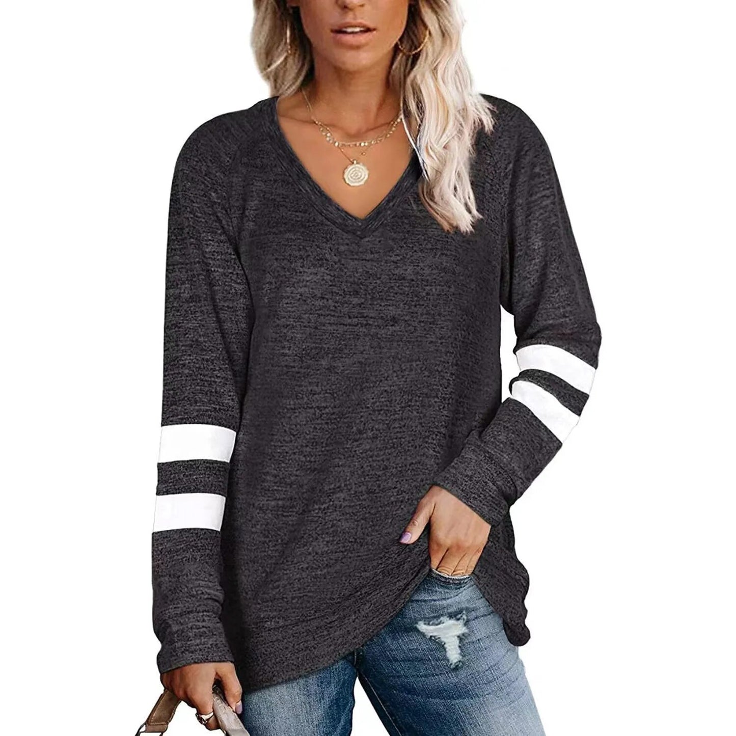 Women's 2023 Long Sleeve Contrast Panels V-neck Loose Casual T-shirt Top