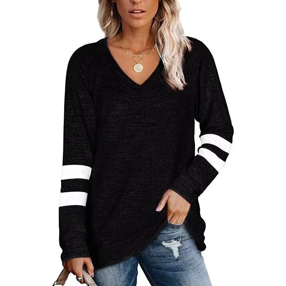Women's 2023 Long Sleeve Contrast Panels V-neck Loose Casual T-shirt Top