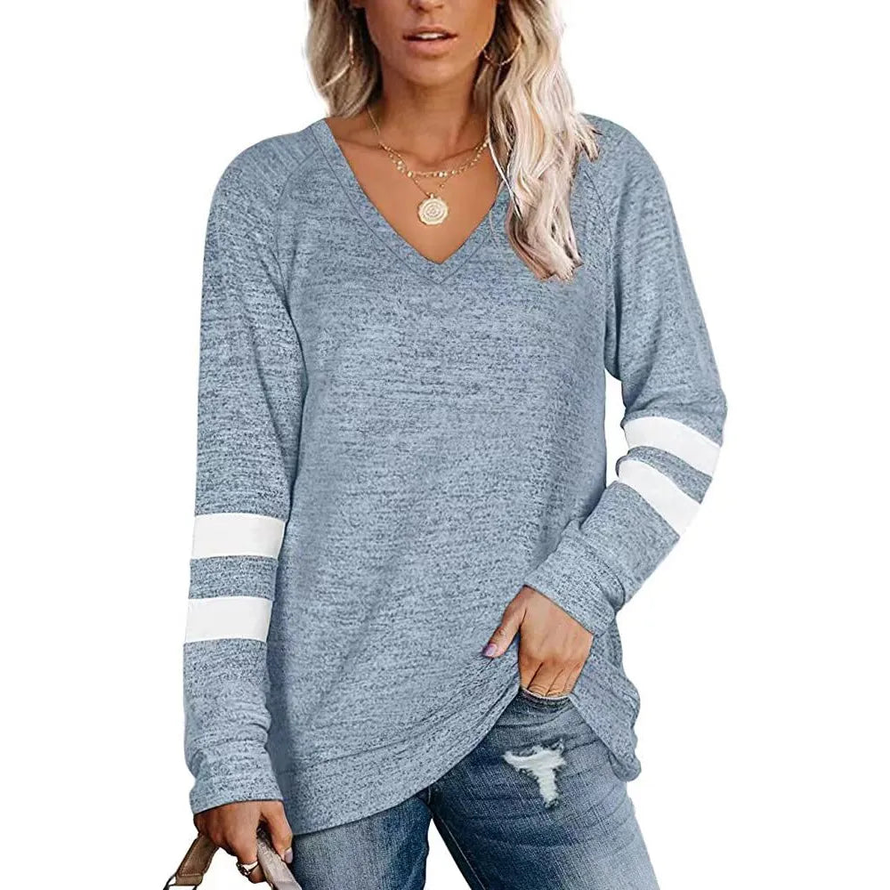 Women's 2023 Long Sleeve Contrast Panels V-neck Loose Casual T-shirt Top
