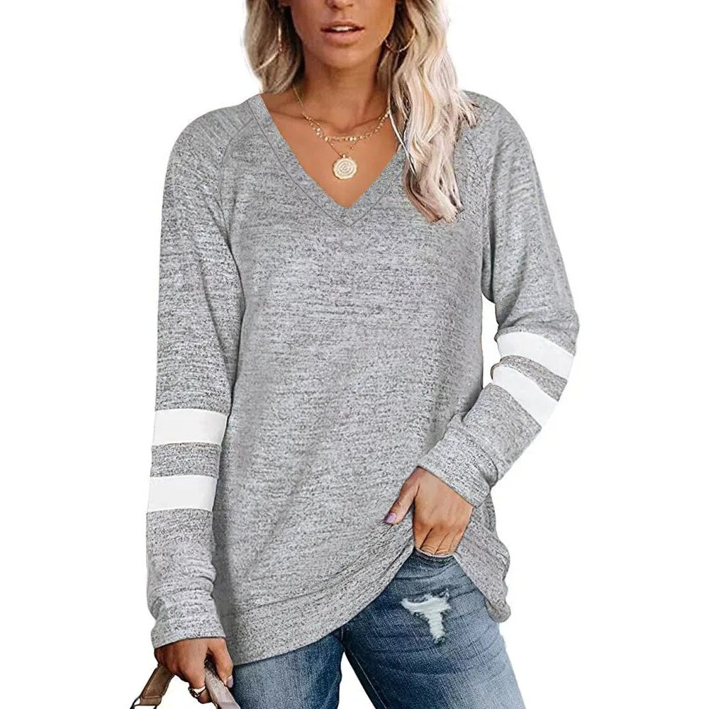 Women's 2023 Long Sleeve Contrast Panels V-neck Loose Casual T-shirt Top