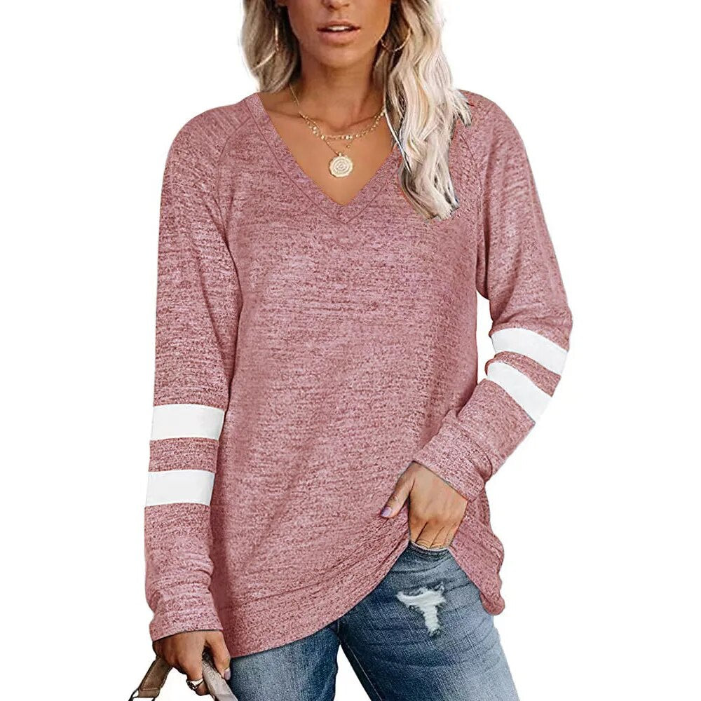 Women's 2023 Long Sleeve Contrast Panels V-neck Loose Casual T-shirt Top