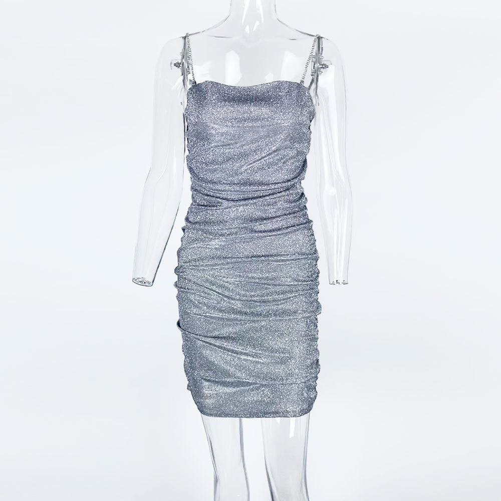 Women's Sexy Nightclub Spaghetti Straps Dancing Short Rhinestone Drawstring Dress.