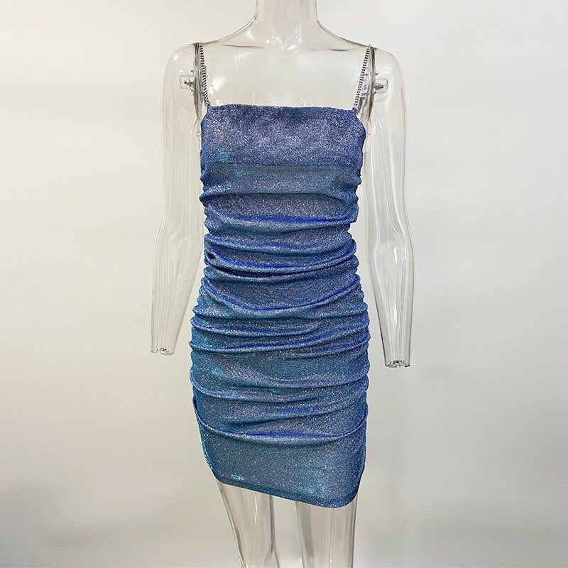 Women's Sexy Nightclub Spaghetti Straps Dancing Short Rhinestone Drawstring Dress.