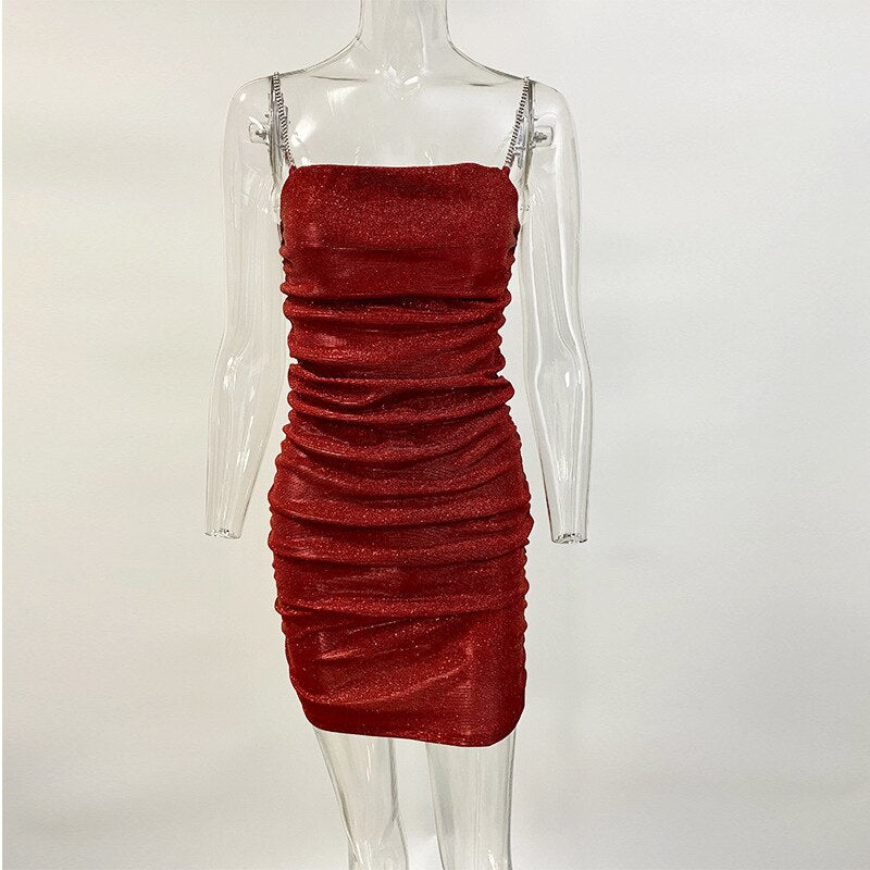 Women's Sexy Nightclub Spaghetti Straps Dancing Short Rhinestone Drawstring Dress.