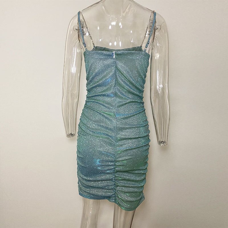 Women's Sexy Nightclub Spaghetti Straps Dancing Short Rhinestone Drawstring Dress.
