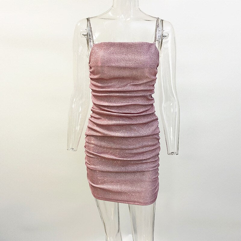 Women's Sexy Nightclub Spaghetti Straps Dancing Short Rhinestone Drawstring Dress.