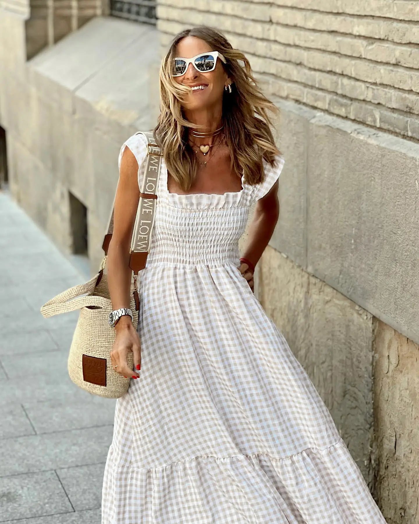 Womens Retro Plaid Smocked Dress Spaghetti Strap Flounce Long Dress