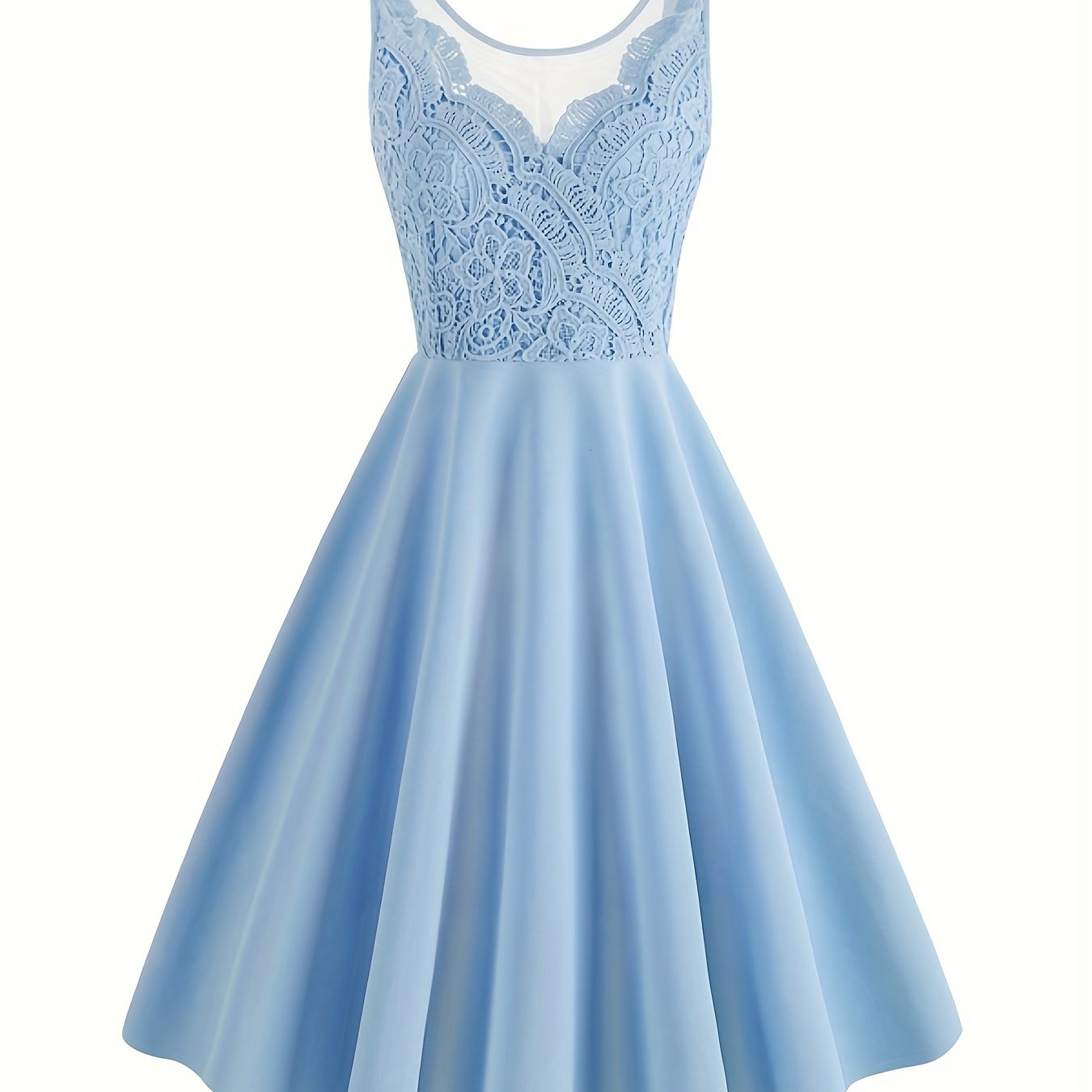 Contrast Lace Solid Dress, Elegant Crew Neck Sleeveless Party Dress, Women's Clothing For Coquette/Cute/Y2K Style