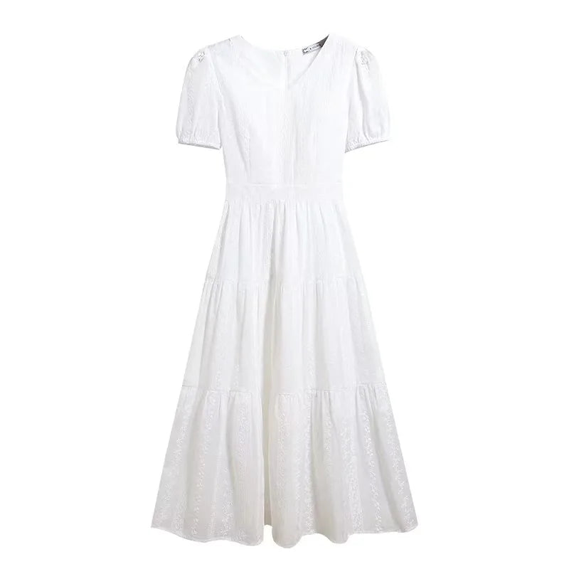 French Vintage V-neck Gentle Long Slim Lace White Embroidered Dress