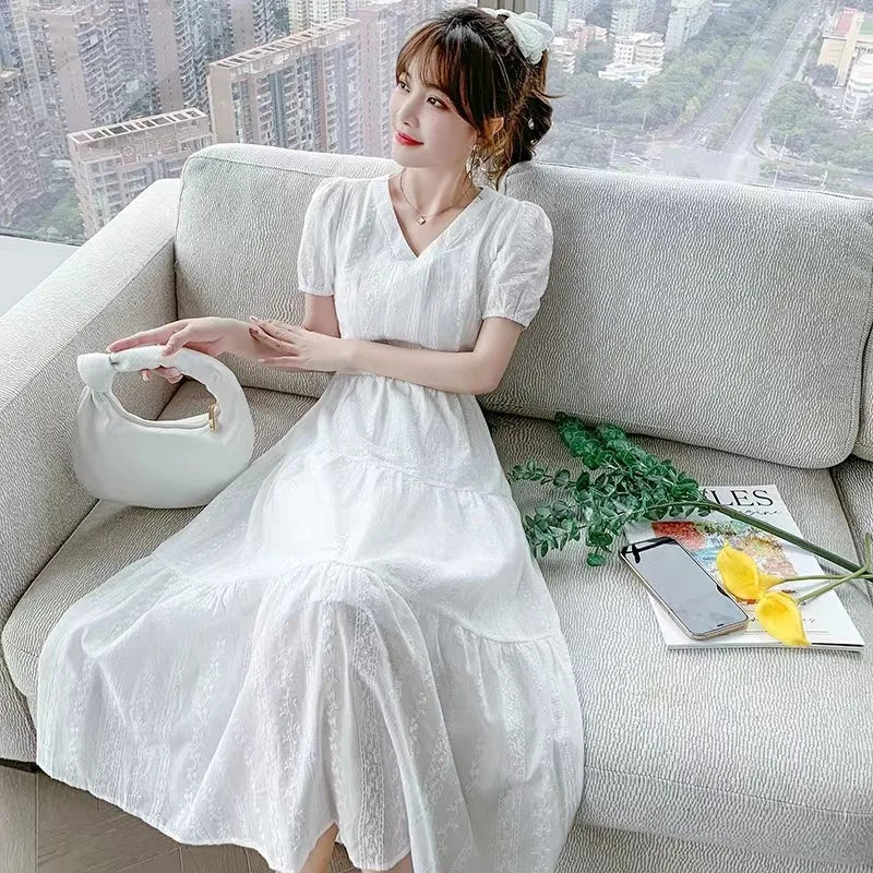 French Vintage V-neck Gentle Long Slim Lace White Embroidered Dress