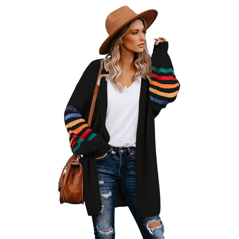 White Striped Balloon Sleeve Female Long Cardigan For Women