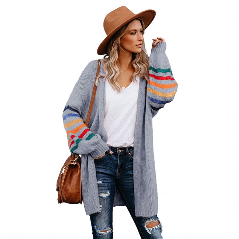 White Striped Balloon Sleeve Female Long Cardigan For Women