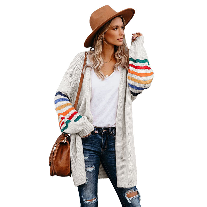 White Striped Balloon Sleeve Female Long Cardigan For Women