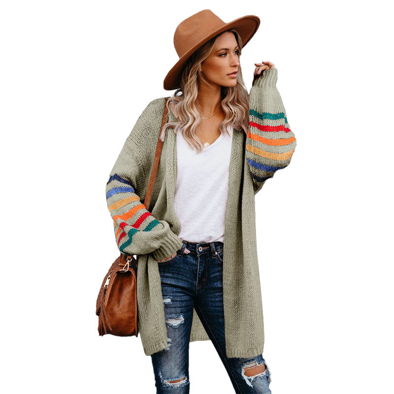 White Striped Balloon Sleeve Female Long Cardigan For Women