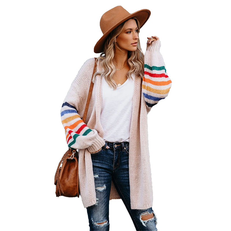 White Striped Balloon Sleeve Female Long Cardigan For Women