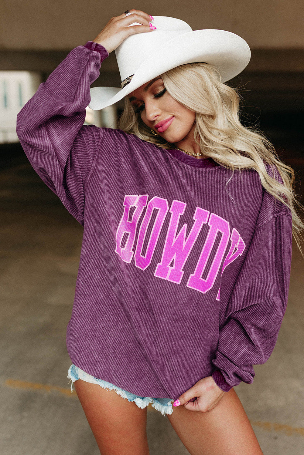 HOWDY Graphic Print Ribbed Casual Sweatshirt
