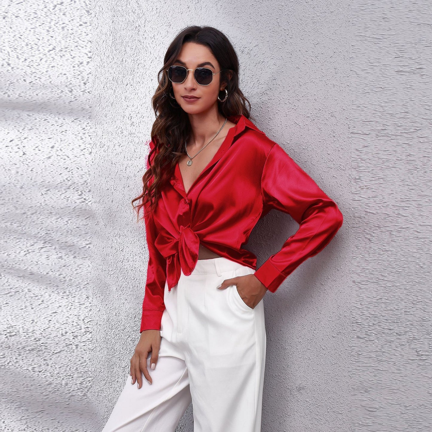 Simple Basic Solid Color Satin Long Sleeves Shirt