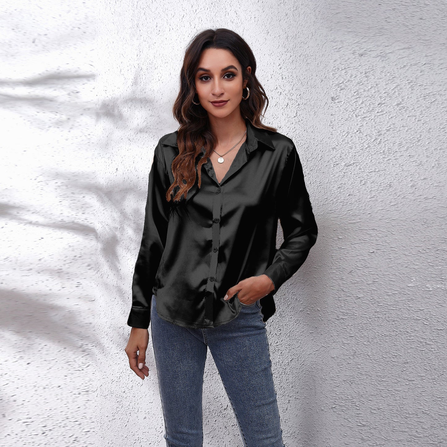 Simple Basic Solid Color Satin Long Sleeves Shirt