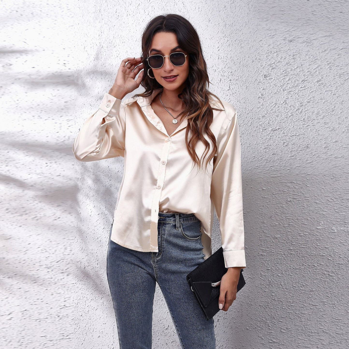 Simple Basic Solid Color Satin Long Sleeves Shirt