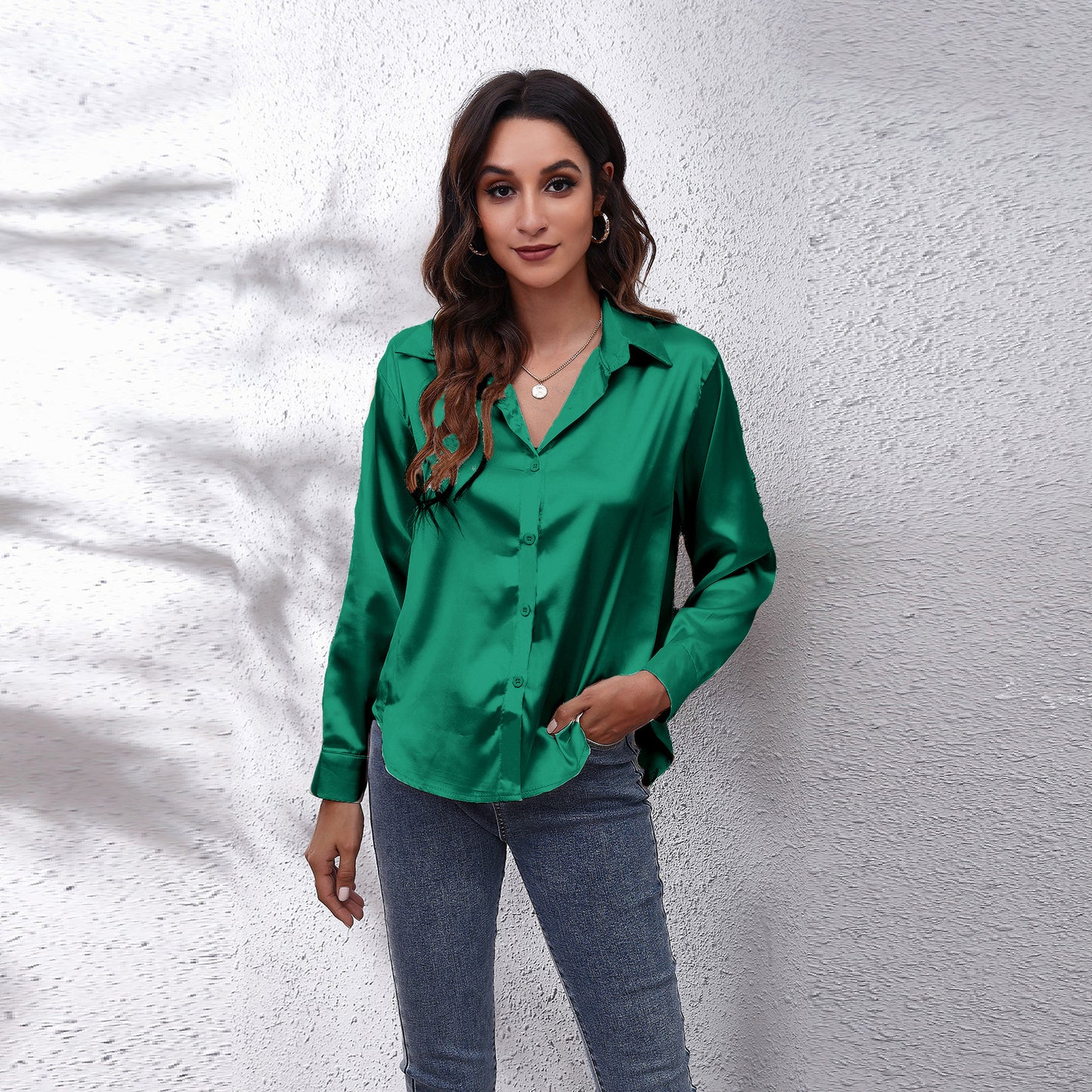 Simple Basic Solid Color Satin Long Sleeves Shirt