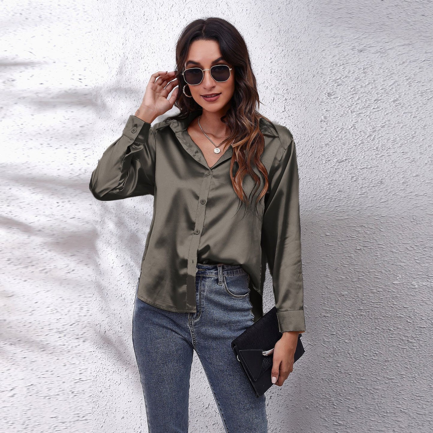Simple Basic Solid Color Satin Long Sleeves Shirt