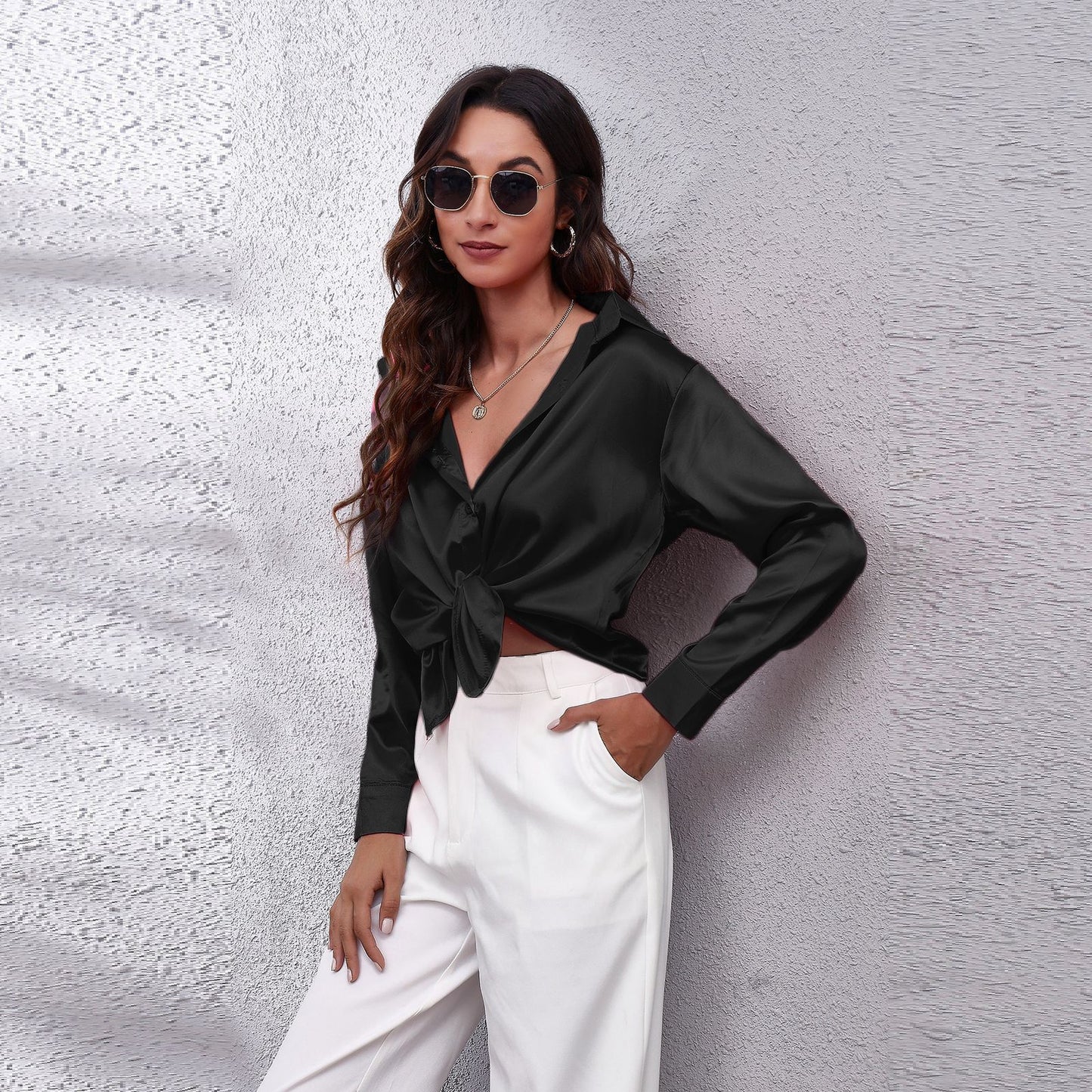 Simple Basic Solid Color Satin Long Sleeves Shirt