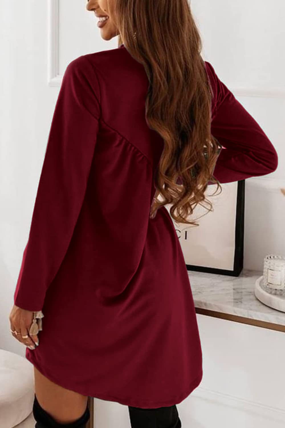 Chic Solid Color Ruched Long Sleeve Asymmetric Dress