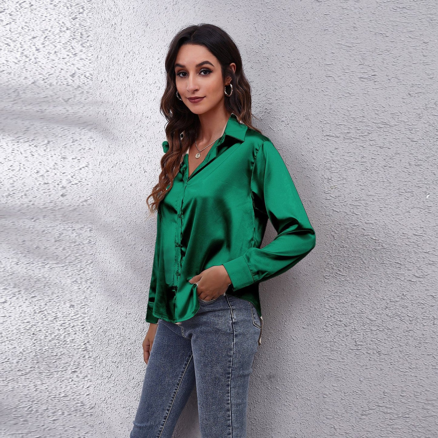Simple Basic Solid Color Satin Long Sleeves Shirt
