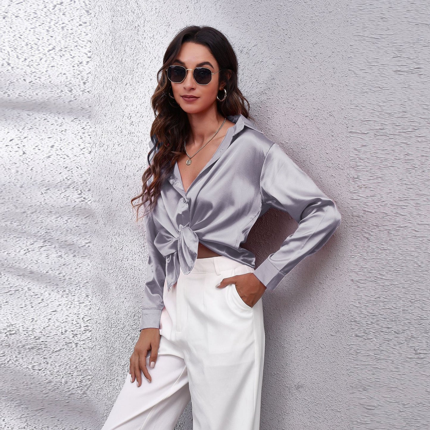 Simple Basic Solid Color Satin Long Sleeves Shirt