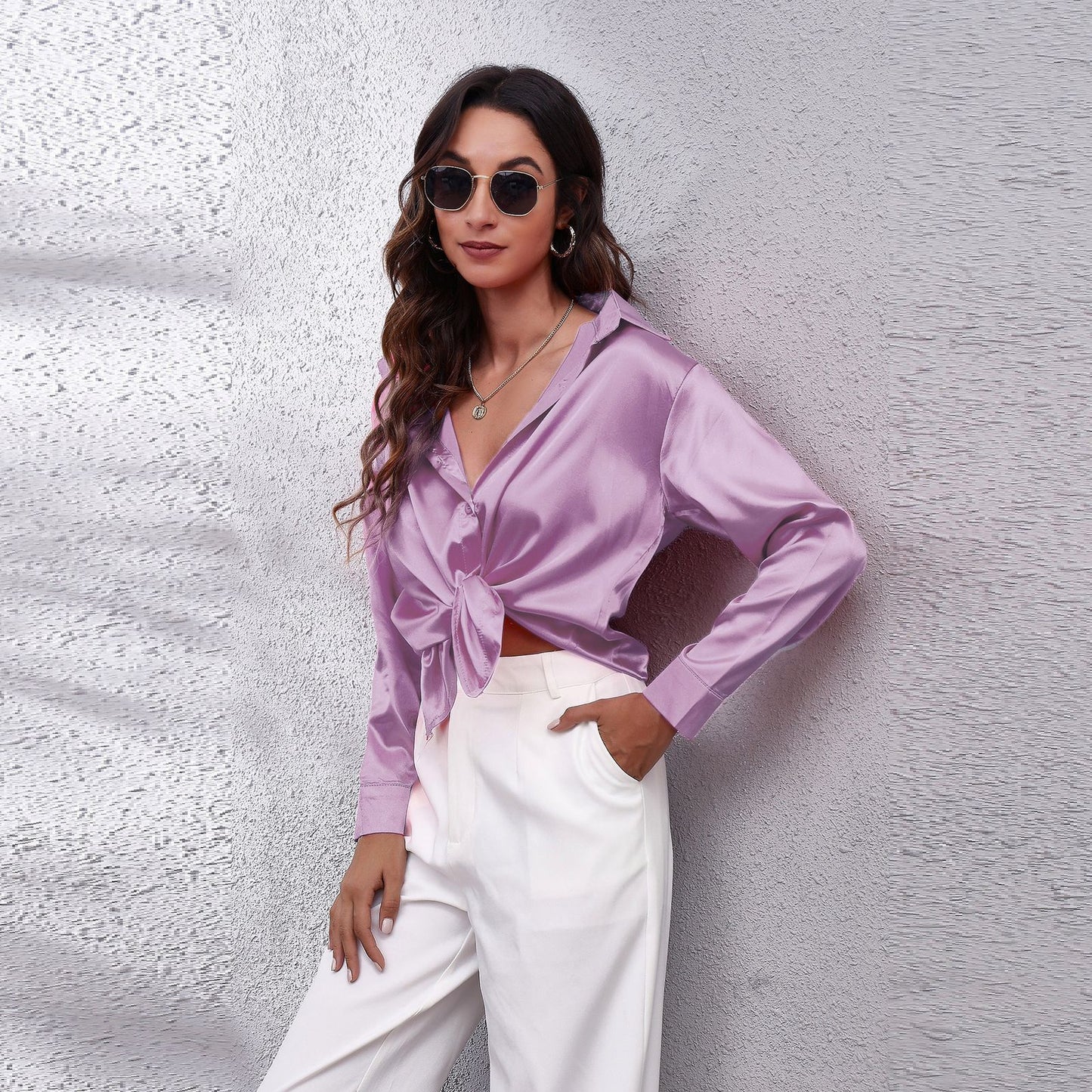 Simple Basic Solid Color Satin Long Sleeves Shirt