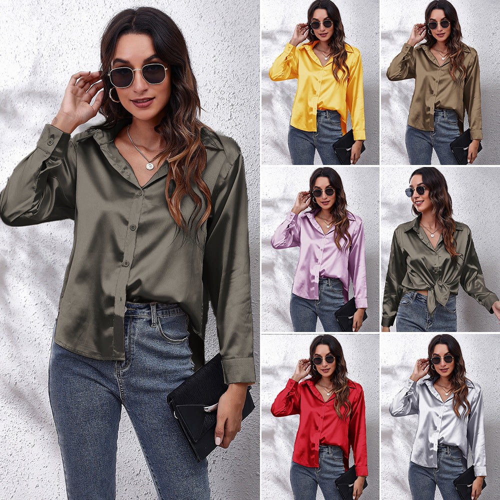Simple Basic Solid Color Satin Long Sleeves Shirt