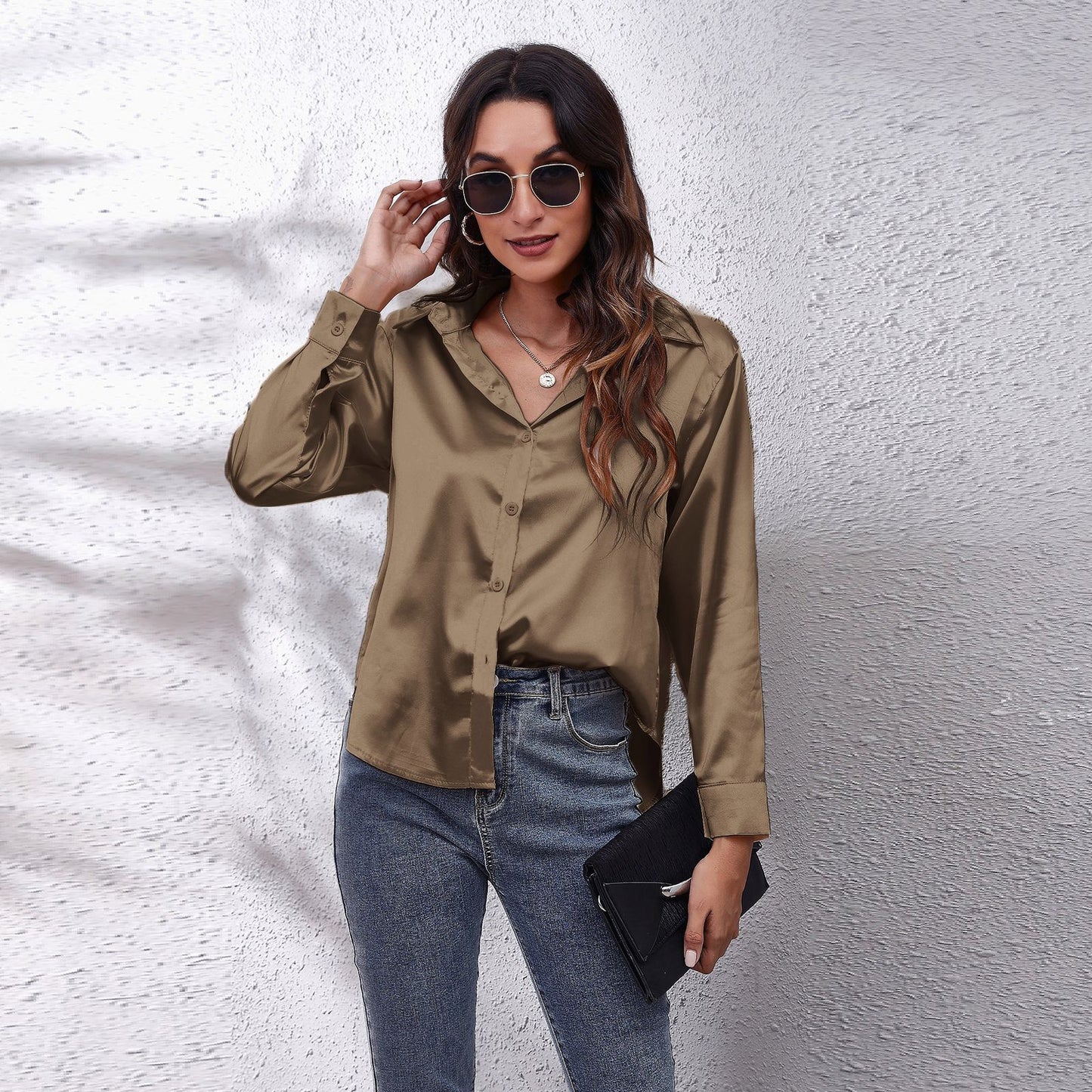 Simple Basic Solid Color Satin Long Sleeves Shirt