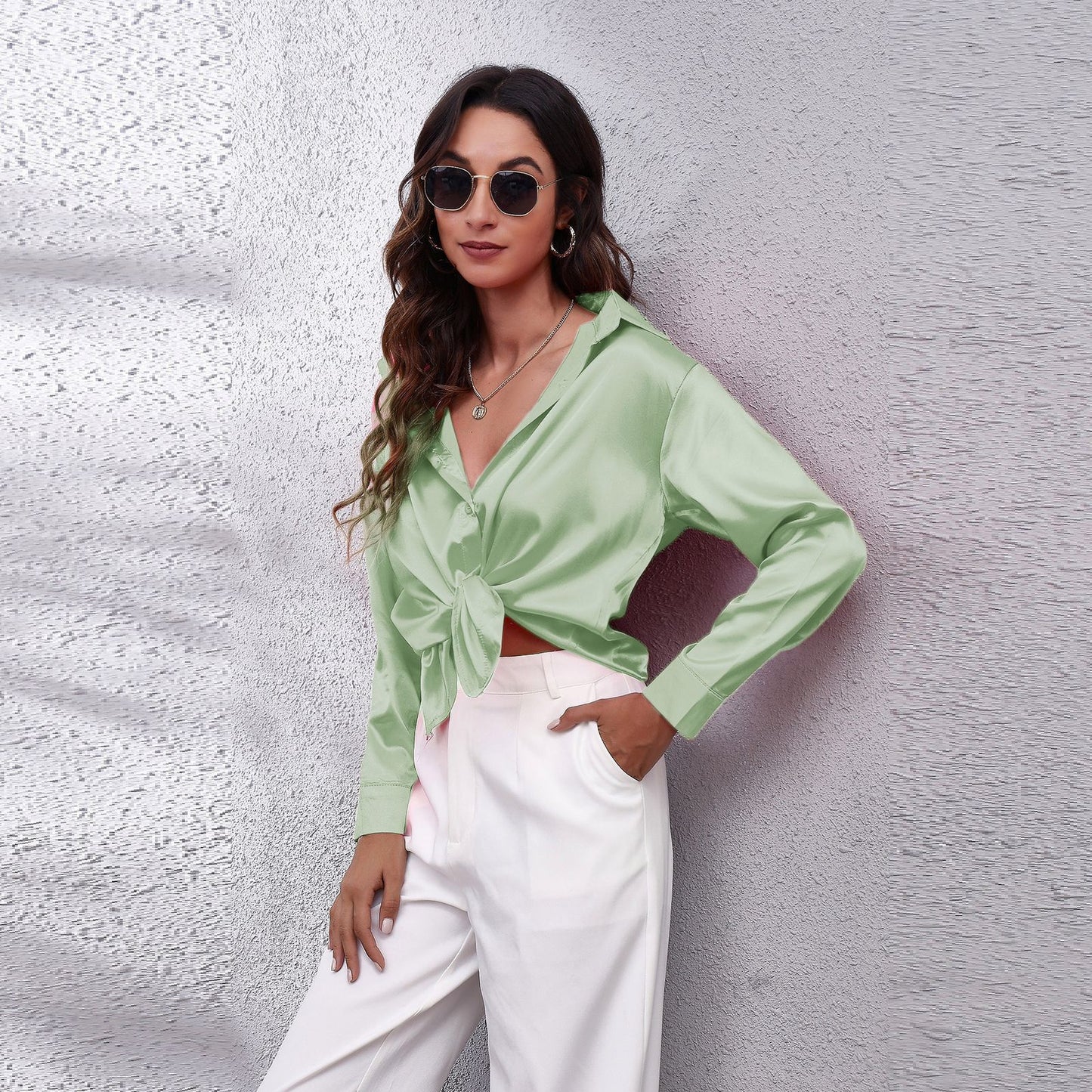 Simple Basic Solid Color Satin Long Sleeves Shirt