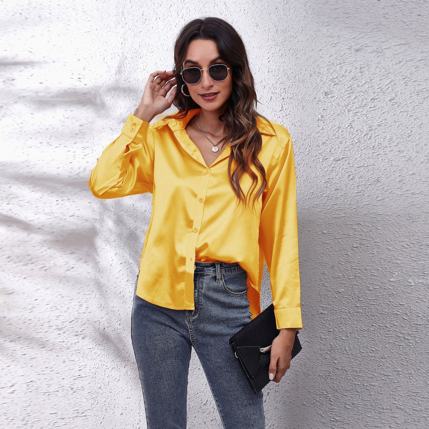 Simple Basic Solid Color Satin Long Sleeves Shirt