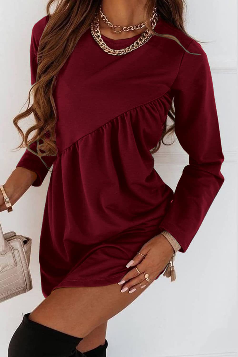 Chic Solid Color Ruched Long Sleeve Asymmetric Dress