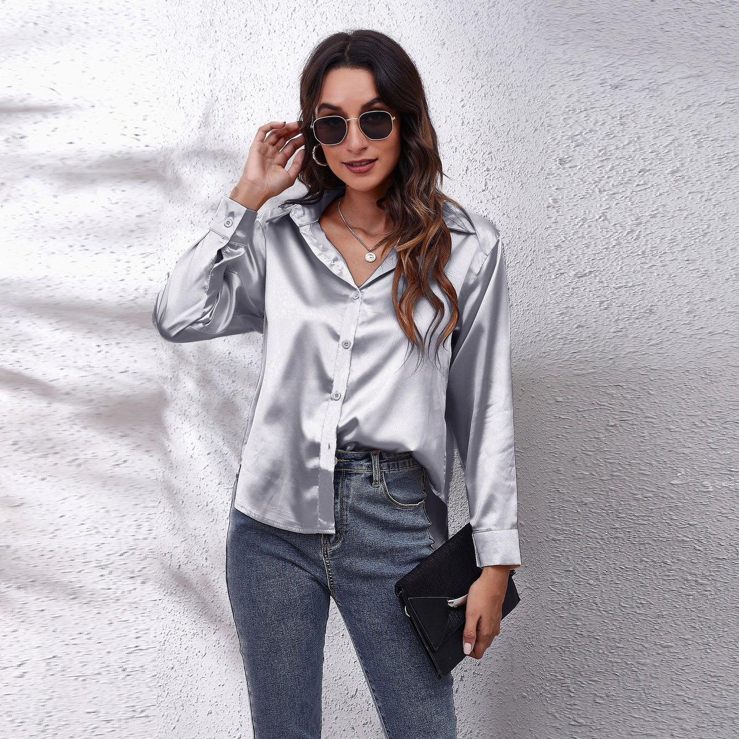 Simple Basic Solid Color Satin Long Sleeves Shirt
