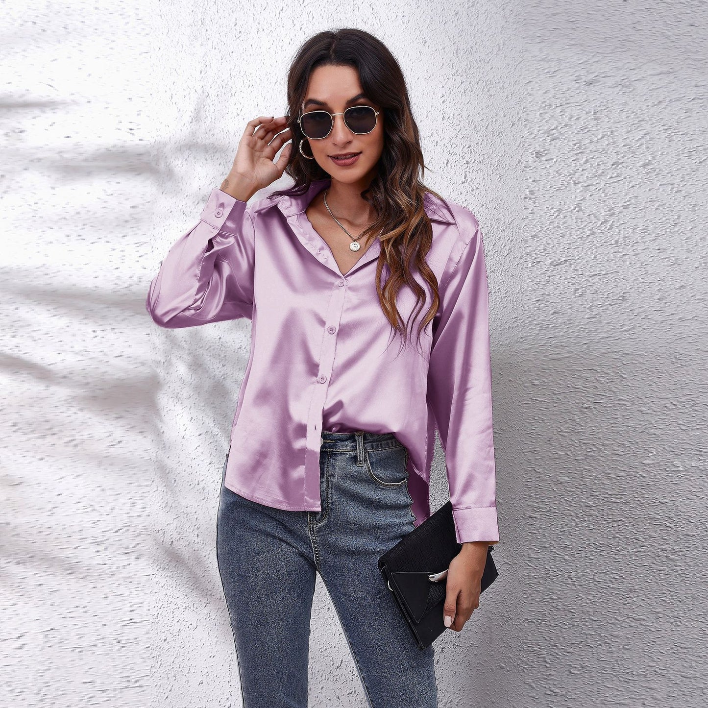 Simple Basic Solid Color Satin Long Sleeves Shirt