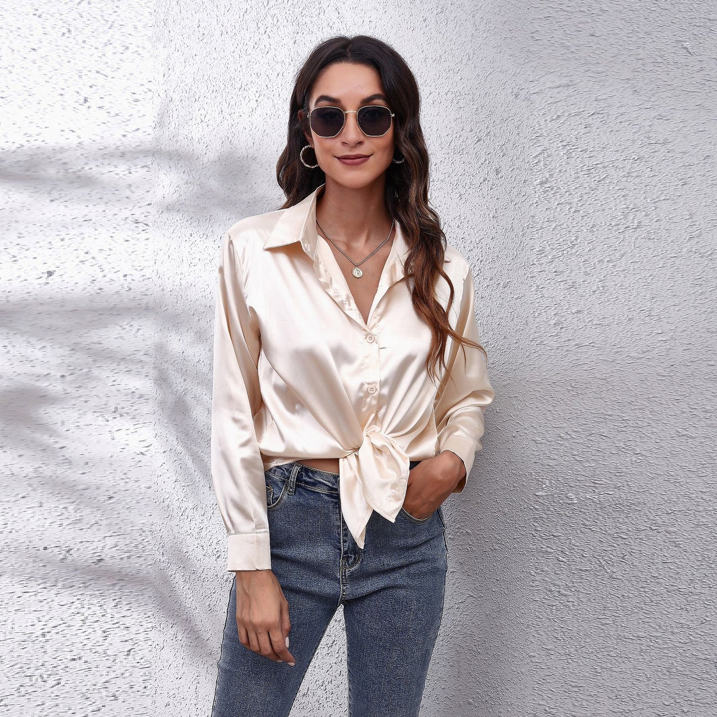 Simple Basic Solid Color Satin Long Sleeves Shirt
