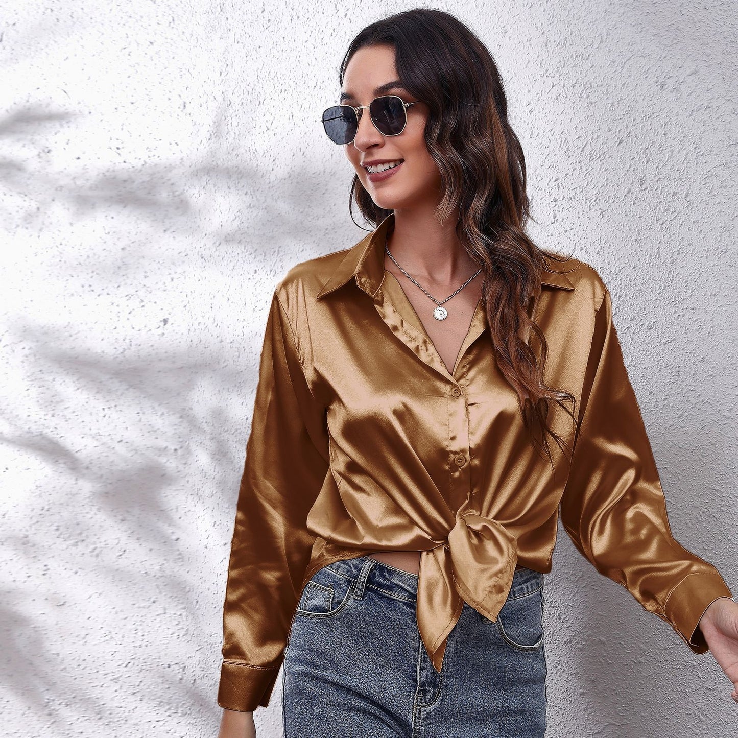 Simple Basic Solid Color Satin Long Sleeves Shirt