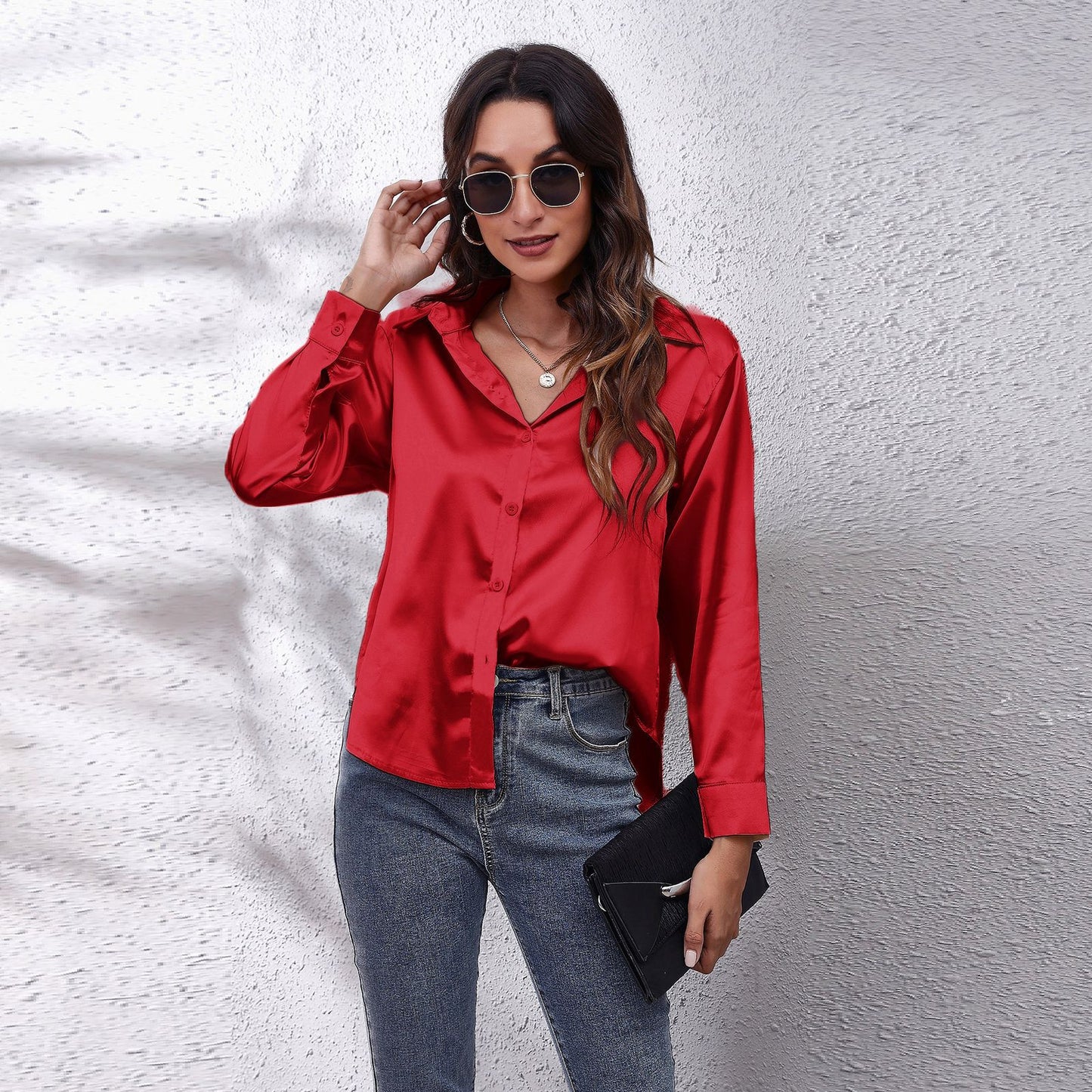 Simple Basic Solid Color Satin Long Sleeves Shirt