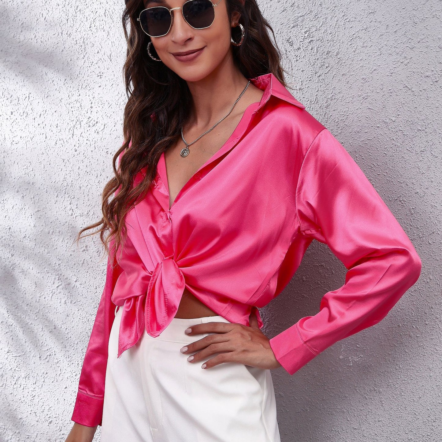 Simple Basic Solid Color Satin Long Sleeves Shirt