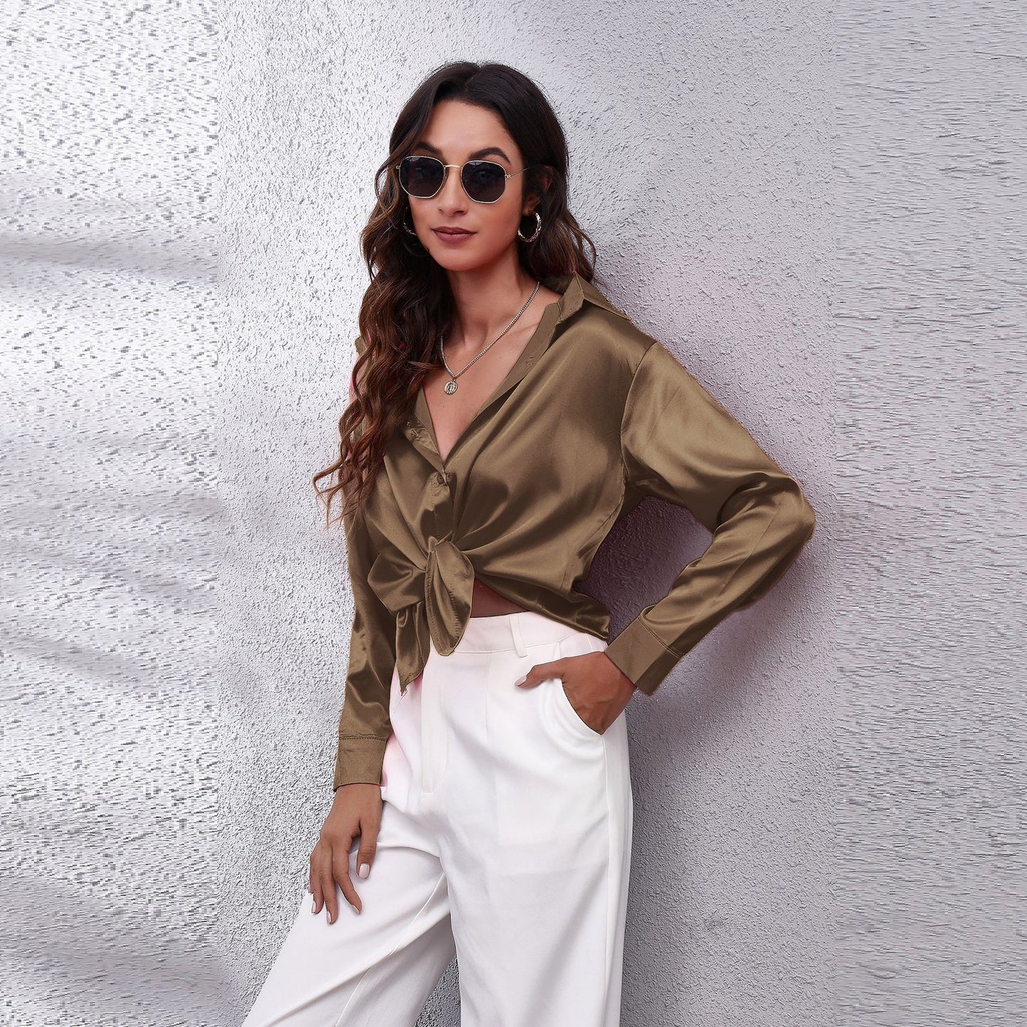 Simple Basic Solid Color Satin Long Sleeves Shirt