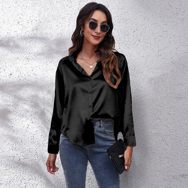 Simple Basic Solid Color Satin Long Sleeves Shirt