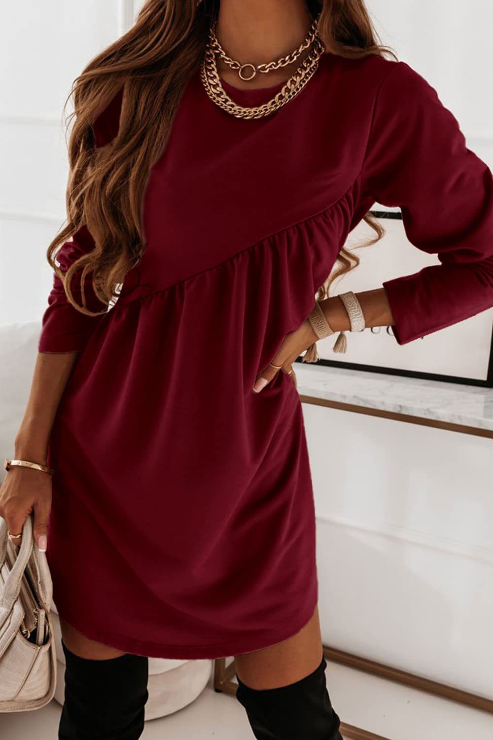 Chic Solid Color Ruched Long Sleeve Asymmetric Dress