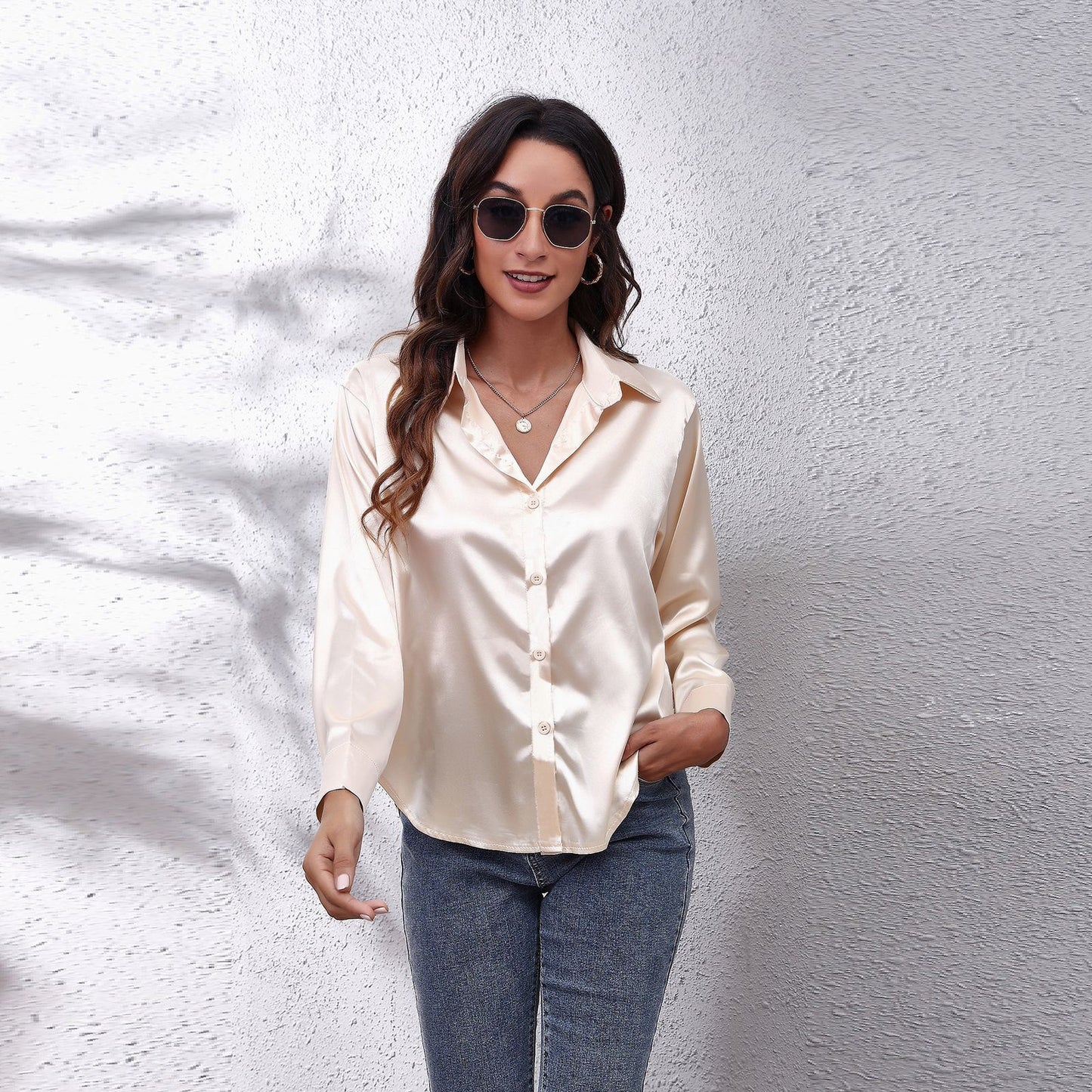 Simple Basic Solid Color Satin Long Sleeves Shirt