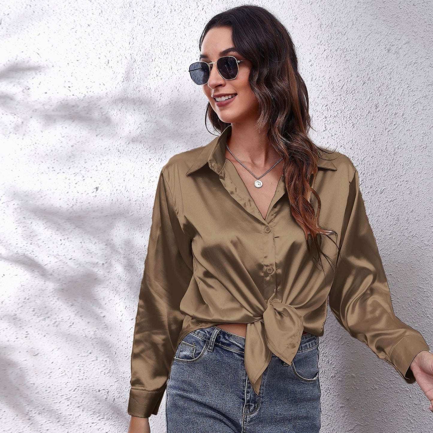 Simple Basic Solid Color Satin Long Sleeves Shirt