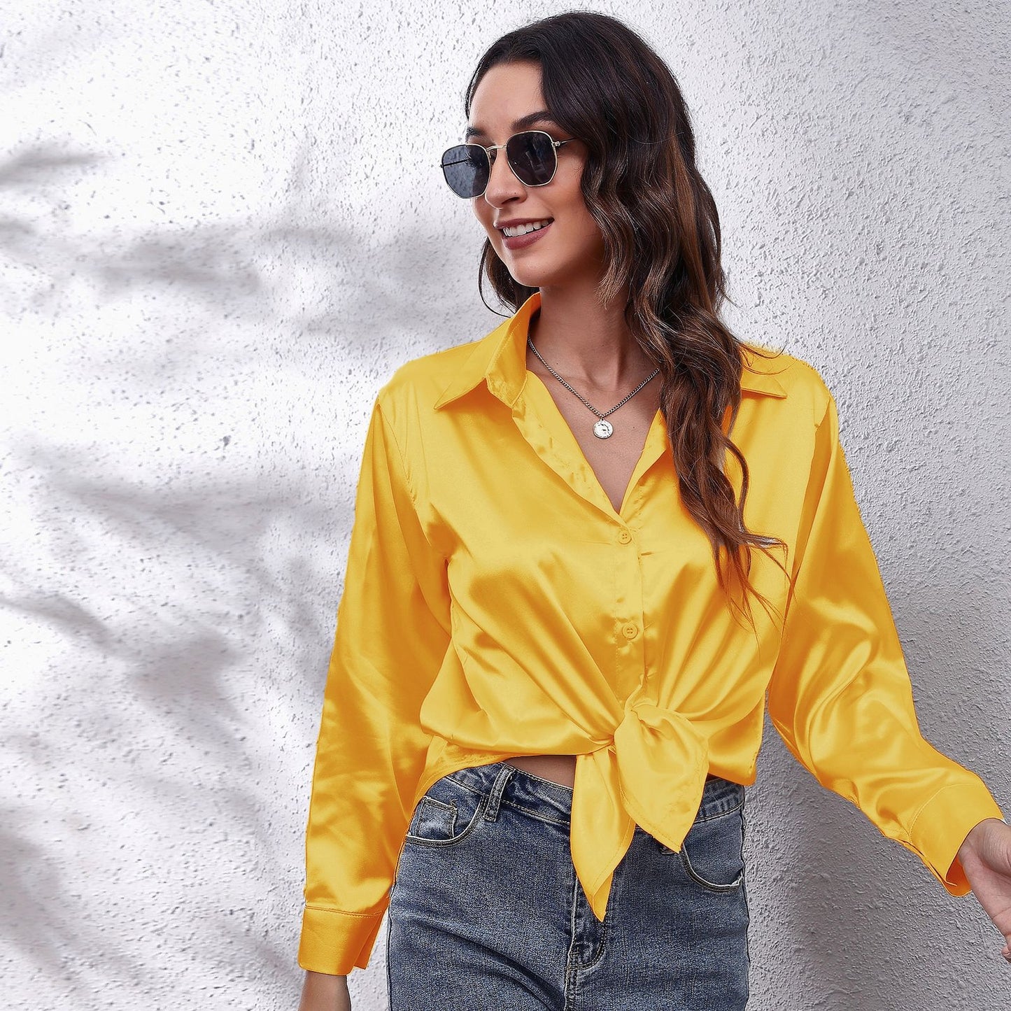 Simple Basic Solid Color Satin Long Sleeves Shirt